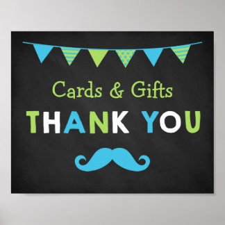 Póster Baby Shower de pizarrón azul y verde bigote