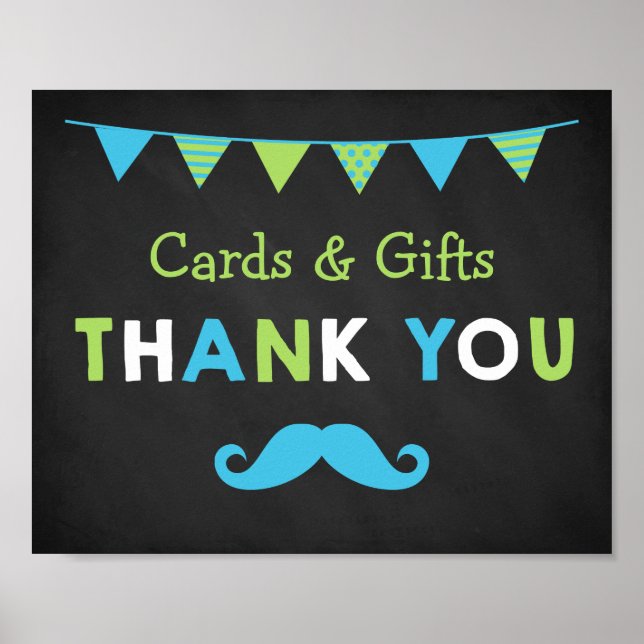 Póster Baby Shower de pizarrón azul y verde bigote (Frente)