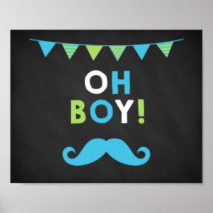 Póster Baby Shower de pizarrón azul y verde bigote