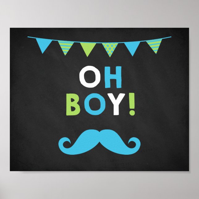 Póster Baby Shower de pizarrón azul y verde bigote (Frente)
