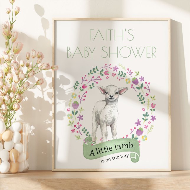 Póster Baby Shower de primavera personalizada de cordero  (Spring Lamb Welcome Sign from my Little Bunny & Little Lamb Baby Shower collection)