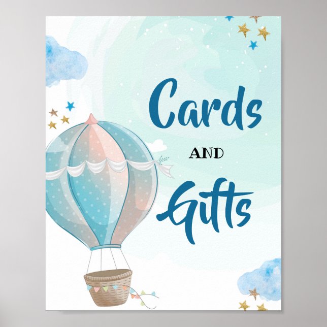 Póster Baby Shower de tarjetas de globo aerostático azul (Frente)