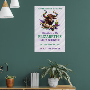 Póster Baby Shower de Tauro Lavanda y Verde Zodíaco