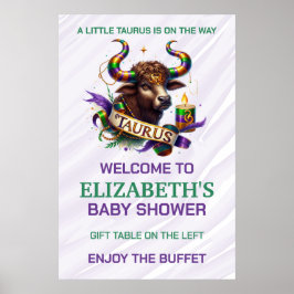 Póster Baby Shower de Tauro Lavanda y Verde Zodíaco