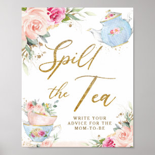 Póster Baby Shower de té floral sonrosado Derrama el té