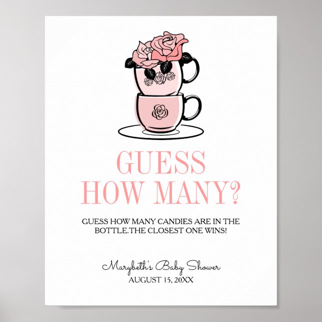 Póster Baby Shower de Teacup y Flores adivina cuántos jue (Frente)