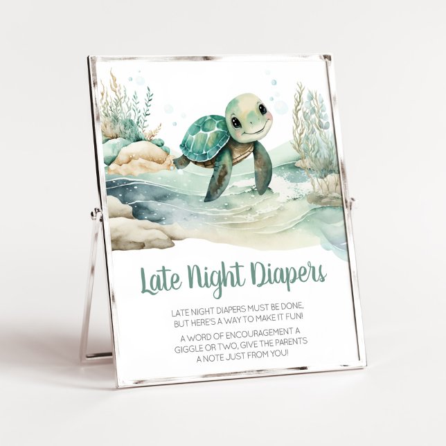 Póster Baby Shower de tortuga marina, pañales nocturnos t (A Little Hatching Is On the Way Baby Shower Late Night Diapers Sign)