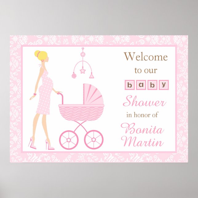 Póster Baby Shower de una mujer rubia de Damask rosa (Frente)