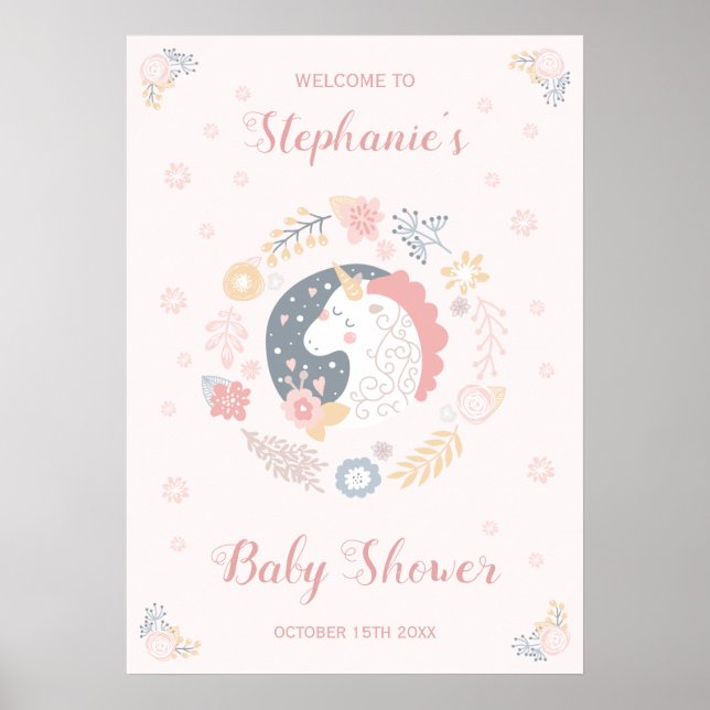 Póster Baby Shower de Unicorn Rubor Florals personalizado (Frente)