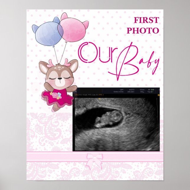 Póster Baby Shower. Depósito de bebé rosado (Frente)