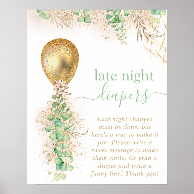 Póster Baby Shower Eucalyptus Balloon Tardes Diapers (Frente)