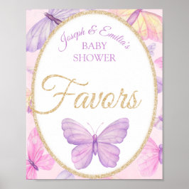 Póster Baby Shower Favores de mariposa rosa y morada
