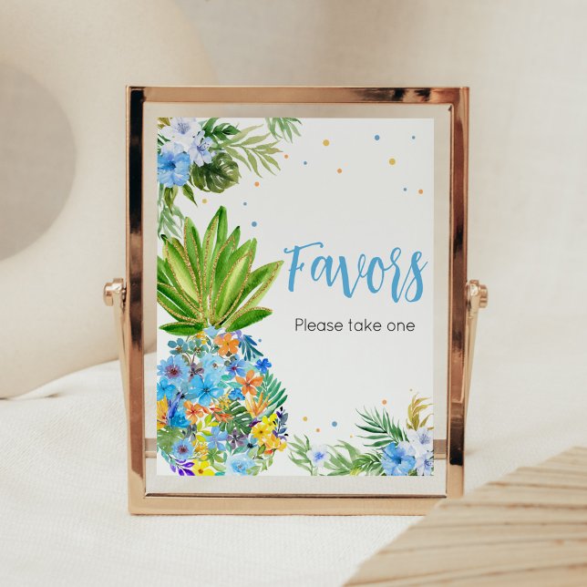 Póster Baby Shower Favores Floral Blue Pineapple (Blue Gold Pineapple Baby Shower Favors Sign)