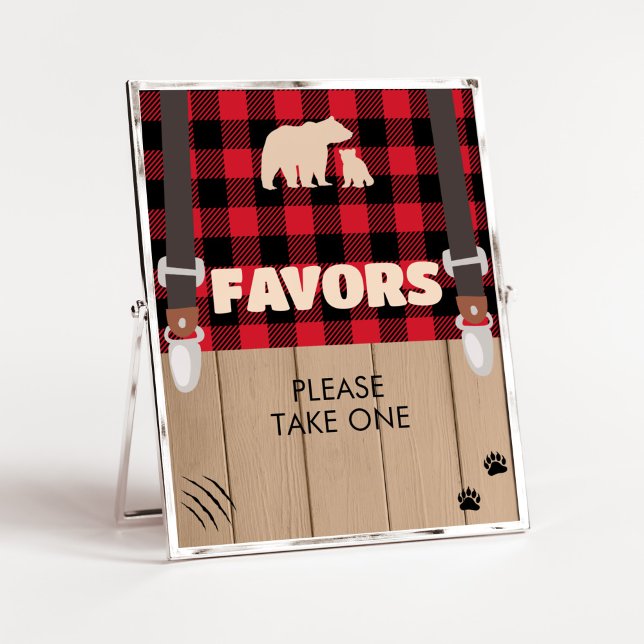 Póster Baby Shower Favoritos de Lumberjack Rústico Rojo (Plaid Lumberjack Baby Shower Favors Sign)