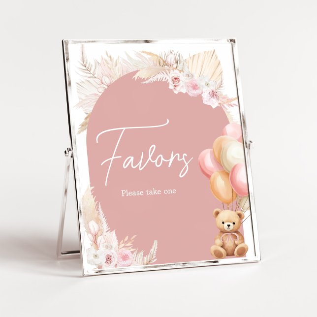 Póster Baby Shower Favoritos en globo de oso de boho rosa (We Can Bearly Wait Baby Shower Favors Sign)