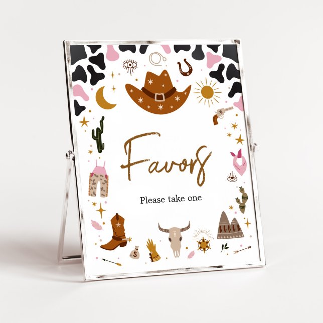 Póster Baby Shower Favorits de la Vaquera Occidental Rosa (Boho Wild West Rodeo Baby Shower Favors Sign)