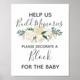 Póster Baby Shower Flowers Build a Block Activity Sign