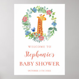 Póster Baby Shower Giraffe & Floral Wreath Baby Shower