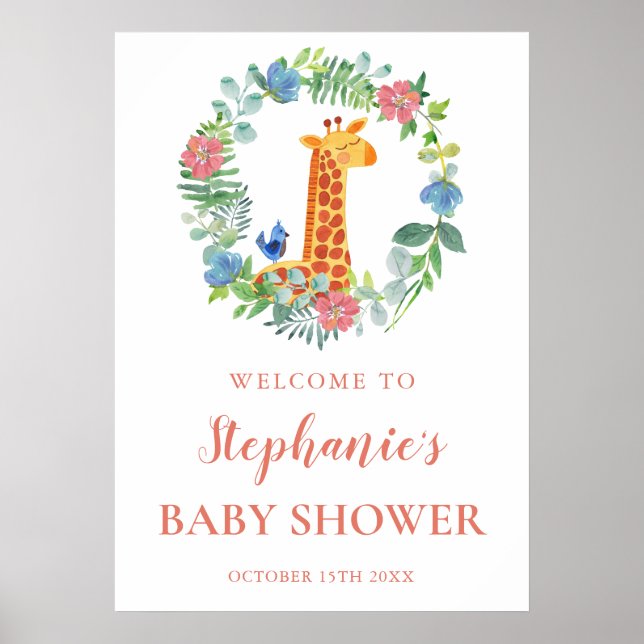 Póster Baby Shower Giraffe & Floral Wreath Baby Shower (Frente)