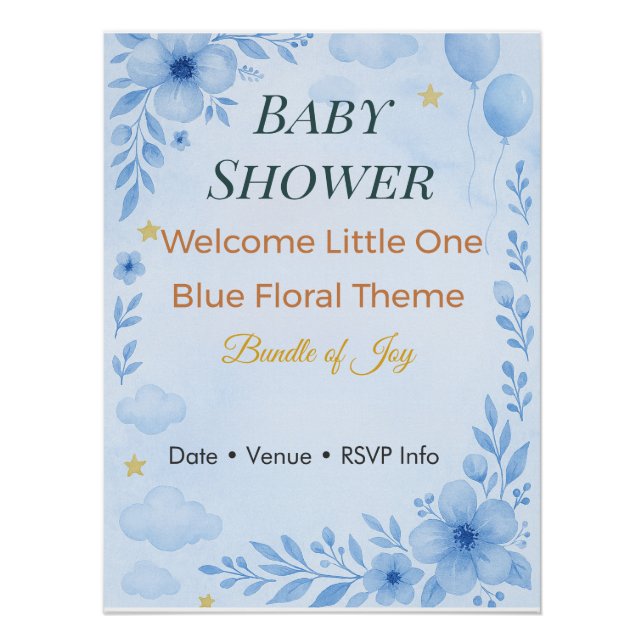 Póster Baby Shower Invitation Bundle of Joy Blue Floral (Anverso)