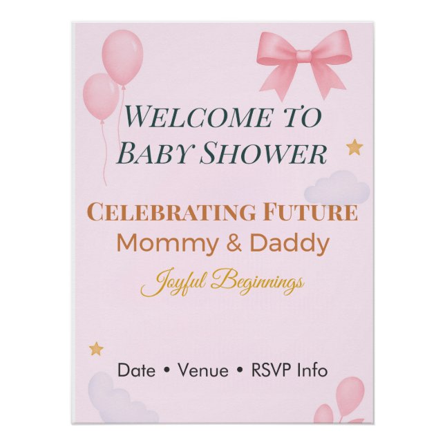 Póster Baby Shower Invitation Pink Bow Joyful Beginnings  (Anverso)