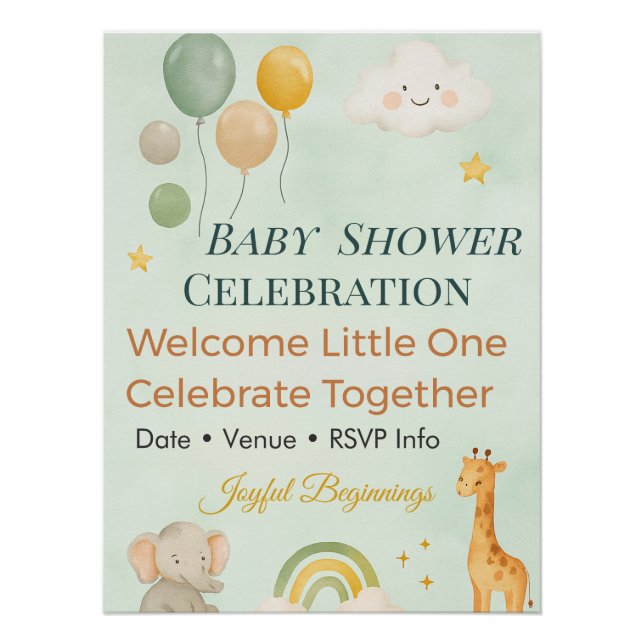 Póster Baby Shower Invitation | Rainbow | Elephant | Cute (Anverso)