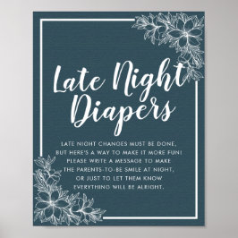 Póster Baby Shower Late Night Diapers Blue White Flowers