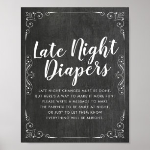 Póster Baby Shower Late Night Diapers Flores Chalkboard