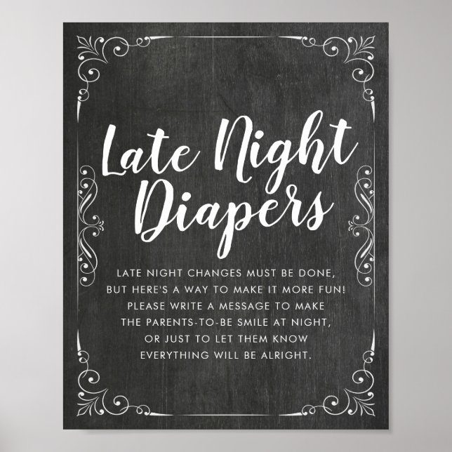 Póster Baby Shower Late Night Diapers Flores Chalkboard (Frente)