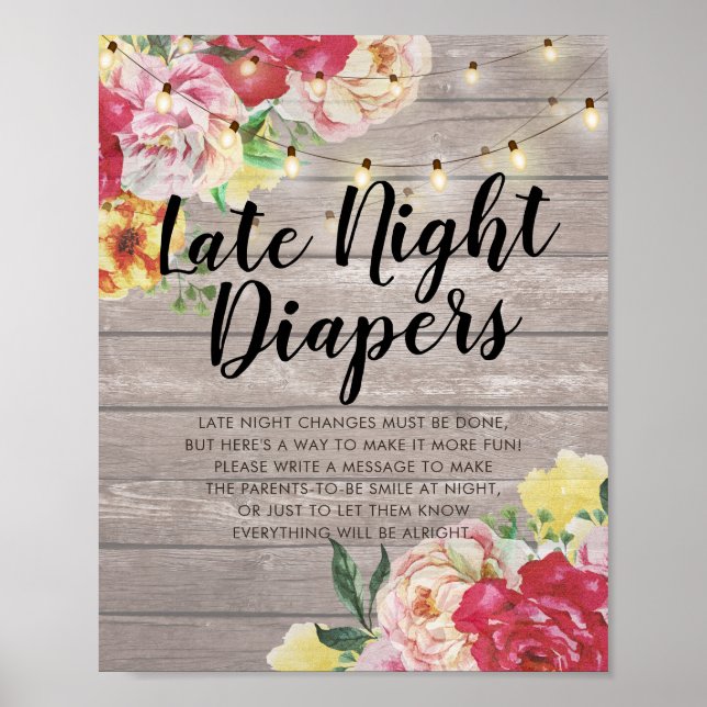Póster Baby Shower Late Night Diapers Flores Luces de Mad (Frente)