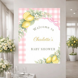 Póster Baby Shower lemons pink gingham bow girl welcome