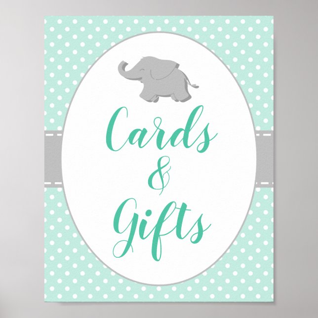 Póster Baby Shower Mint Green Elephant Cards & Gifts Rótu (Frente)
