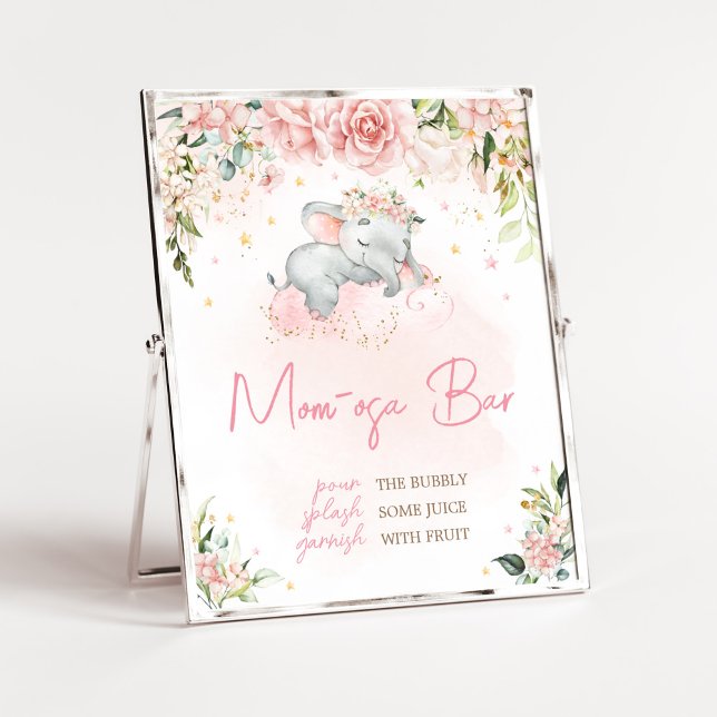 Póster Baby Shower Mom Osa Bar (Pink Floral Sleeping Elephant Baby Shower Mom Osa Bar Sign)