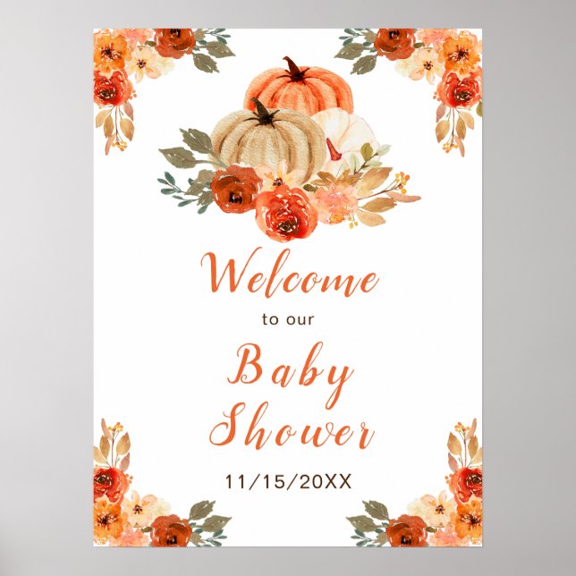 Póster Baby Shower naranja Floral Rustic Pumpkins (Frente)