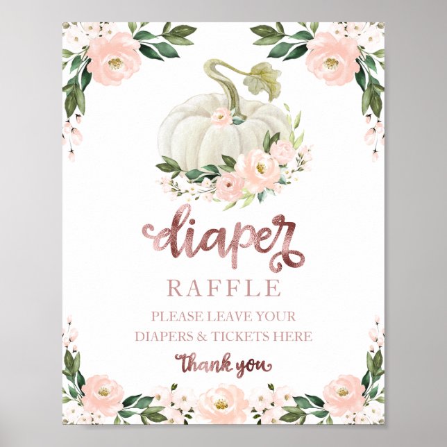 Póster Baby Shower Pink Gold Diaper Raffle Game Rótulo (Frente)