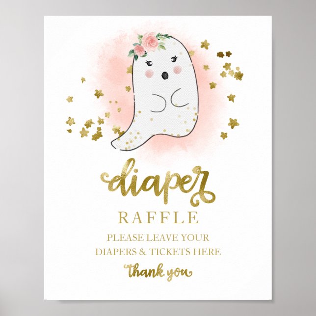 Póster Baby Shower Pink Gold Diaper Raffle Game Rótulo (Frente)