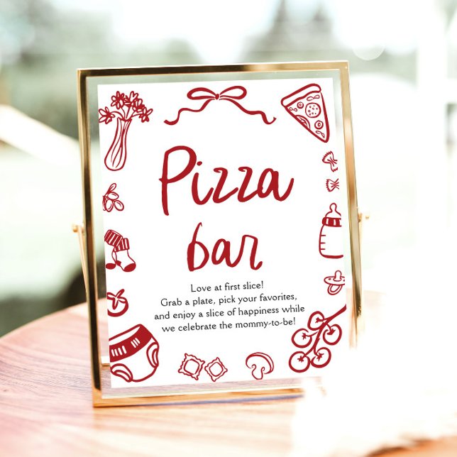Póster Baby Shower Pizza Bar con la mano roja italiana (Red Italian Hand Drawn Baby Shower Pizza Bar Sign)
