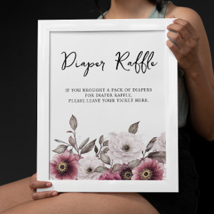 Póster Baby Shower Raffle de pañal floral blanco y ciruel