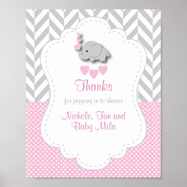 Póster Baby Shower Rosa, Elefante Gris Blanco Gracias (Frente)