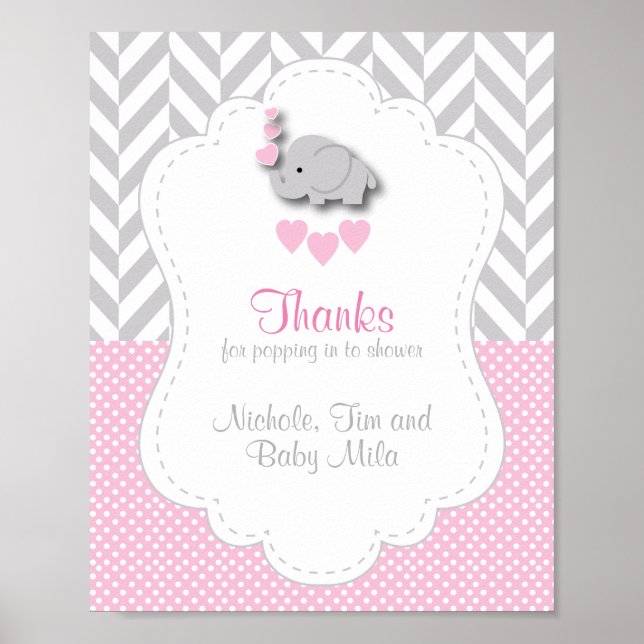 Póster Baby Shower Rosa, Elefante Gris Blanco Gracias (Frente)