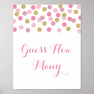 Póster Baby Shower rosa y dorado adivina cuántos Rótulos