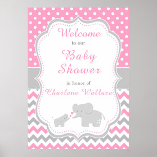 Póster Baby Shower rosa y gris elefante