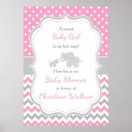 Póster Baby Shower rosa y gris elefante