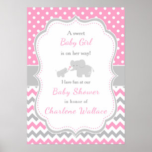 Póster Baby Shower rosa y gris elefante