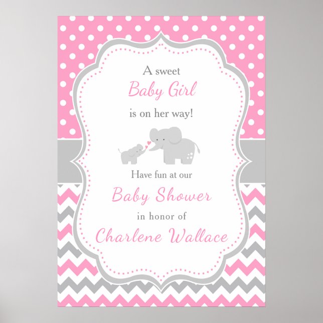 Póster Baby Shower rosa y gris elefante (Frente)