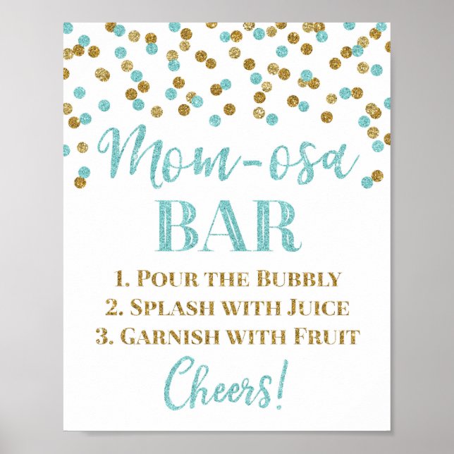 Póster Baby Shower Rótulo de bar Mom-osa Confetti Blue Go (Frente)