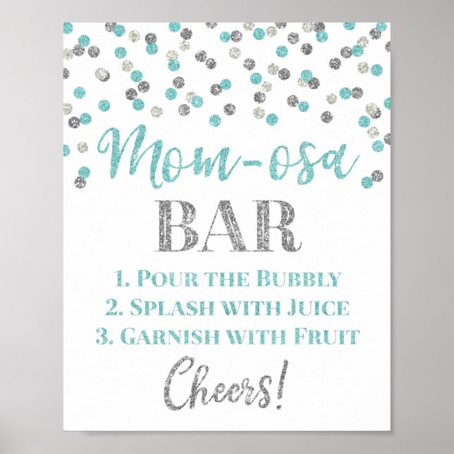 Póster Baby Shower Rótulo de bar Mom-osa Confetti Blue Si (Frente)