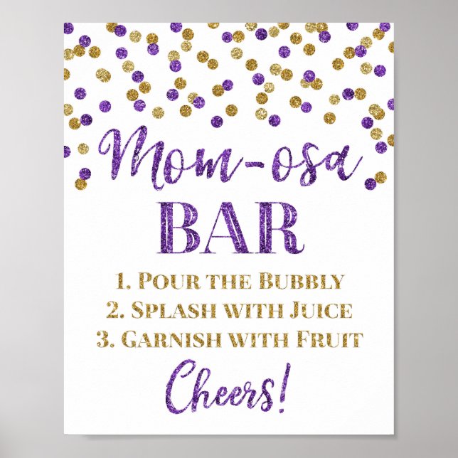 Póster Baby Shower Rótulo de bar Mom-osa Confetti Purple  (Frente)
