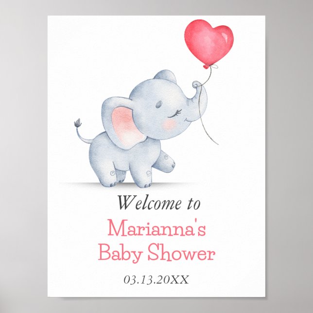 Póster Baby Shower simple de Elefante y Globo Cardíaco (Frente)