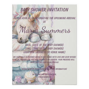 Póster Baby Shower Sleeping Unicorn Watercolor Pastel